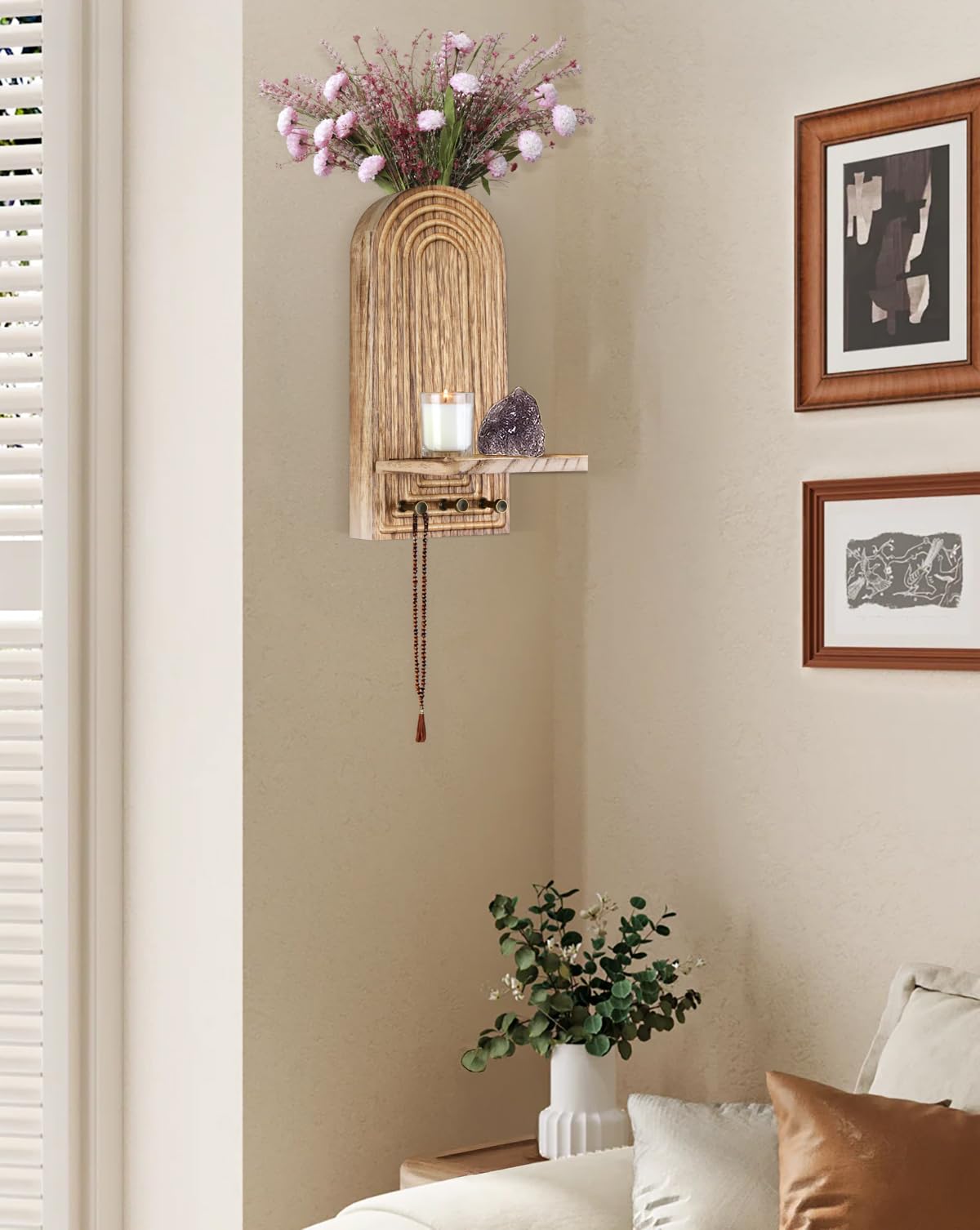 3-in-1 Wooden Wall Organizer - Planter Vase + Candle Sconces + Hooks (No Dried Flower)- Farmhouse Hanging Decor Boho Wall Art for Indoor Plants Artificial Eucalyptus for Living Room Bedroom Nature