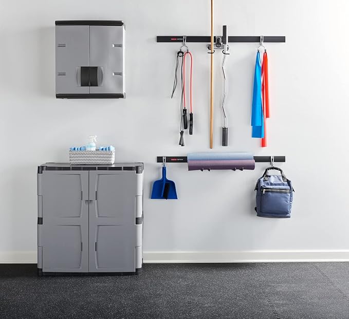 Rubbermaid Freestanding Storage Cabinet with Doors 18"D x 36"W x 37"H Medium Gray/Black Two-Shelf Lockable Cabinet for Indoor/Outdoor/Garage Storage for Garden Tools/Lawn Care Accessories