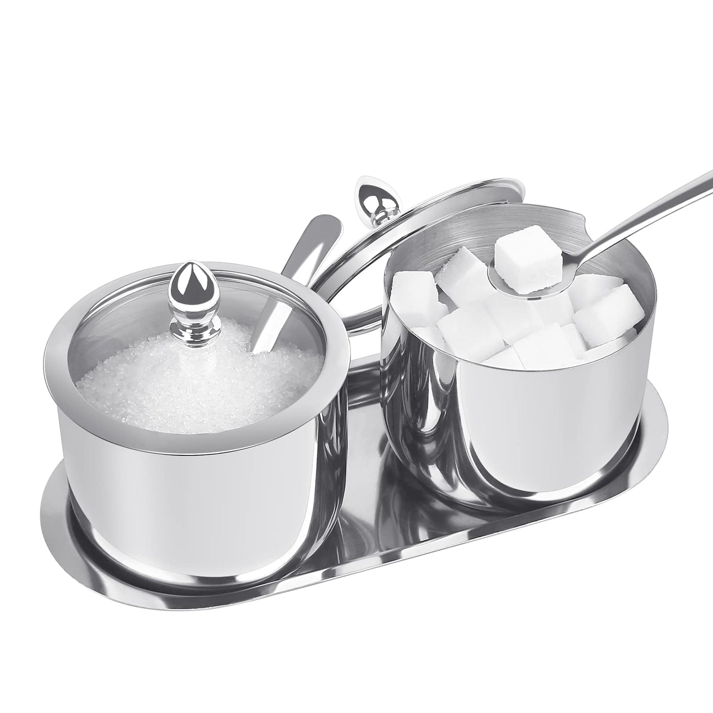 KEMIYIXIAN 2 Stainless Steel Sugar Bowl with Lid Spoon and Tray, Polished Shiny Sugar Bowl，for serving sugar Suitable for home and kitchen- 12 Oz/ 360m