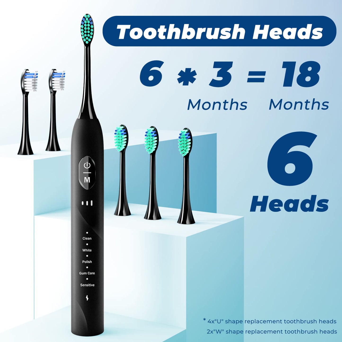 Sonic Electric Toothbrush for Adults, Rechargeable with 6 Replacement Brush Heads, 5 Modes and 3 Intensity, with 2-Minute Intelligent Timer and IPX7 Waterproof Technology, in Antique Black