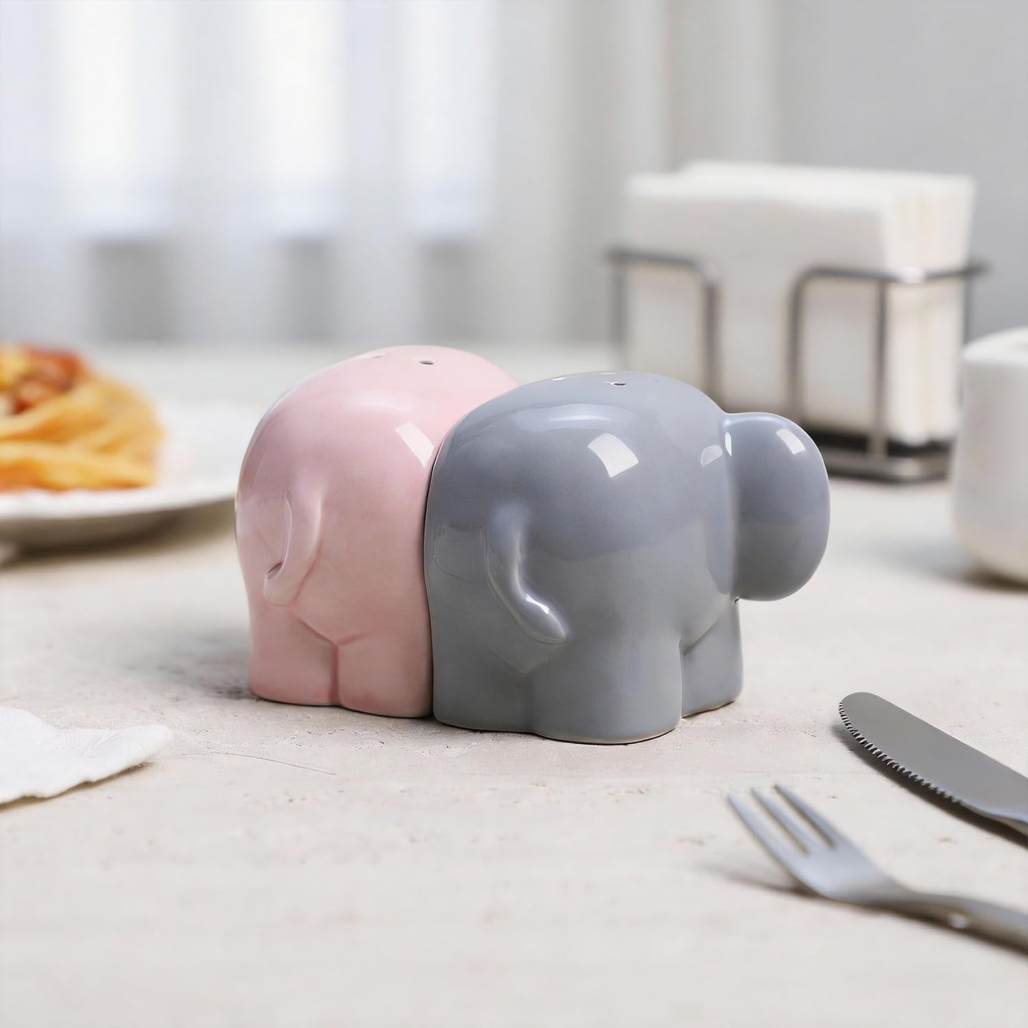 Sizikato Porcelain Salt and Pepper Shaker Set, Cute Elephant Shape
