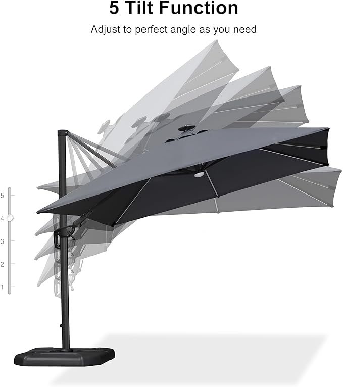 PURPLE LEAF 10 Feet Patio Umbrella with Base Outdoor Cantilever Solar Powered LED Swivel Square Umbrella Aluminum Offset Umbrella with 360-degree Rotation for Garden Deck Pool Patio, Grey