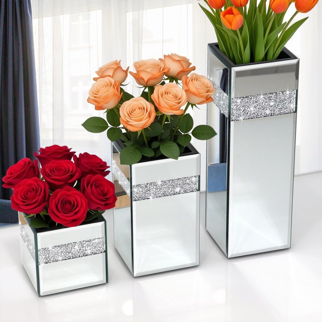ALLARTONLY Crushed Diamond Mirrored Vase Pack of 3 Pieces Small Middle Large. Crystal Silver Mirror Glass Stunning Decorative Flower Vase Luxury for Home Decor. Can’t Hold Water.