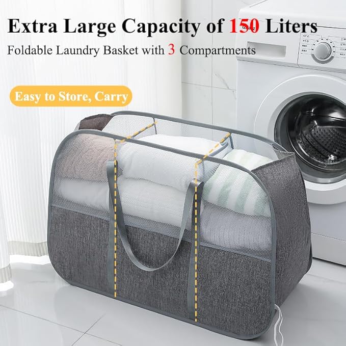 150L Collapsible Laundry Basket, 3-Compartment Foldable Hamper