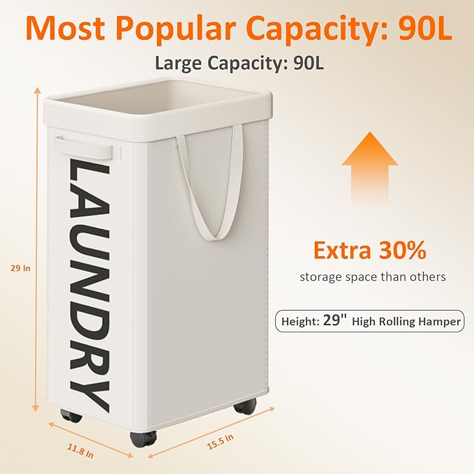 Laundry Basket with Wheels, 90L Rolling Laundry Hamper with Wheels, Large