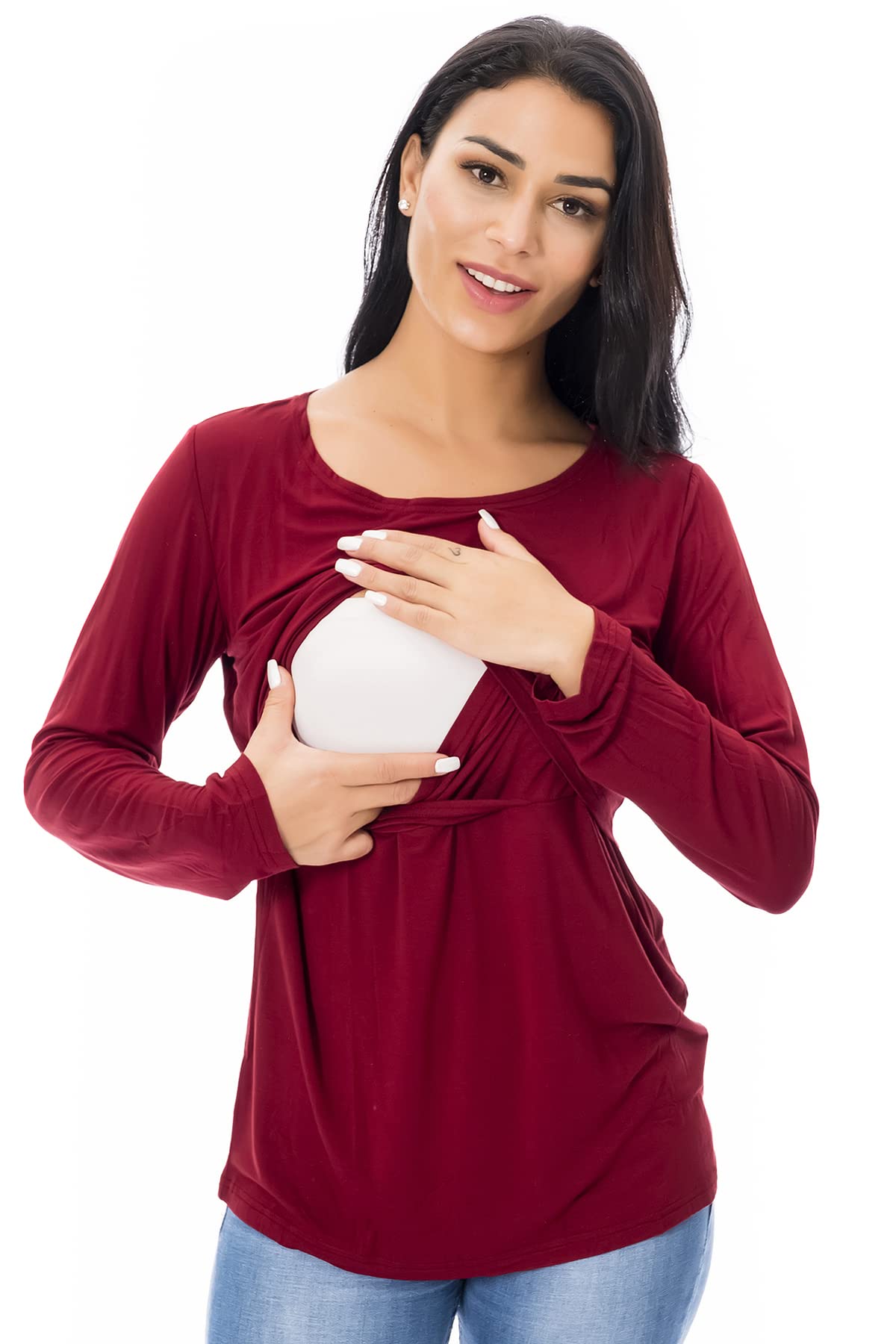 Smallshow Nursing Tops Women's Maternity Long Sleeve Breastfeeding Shirts,Wine/Deep Green/Black,M