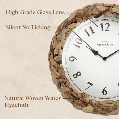 Presentime & Co Farmhouse Series, Rustic Woven Clock, 10.5 inch, Natural Woven Water Hyacinth/Sea Grass. Wall Sculpture, Wall Art and Timepiece for Home Decoration/Decoration/Farmhouse Décor.