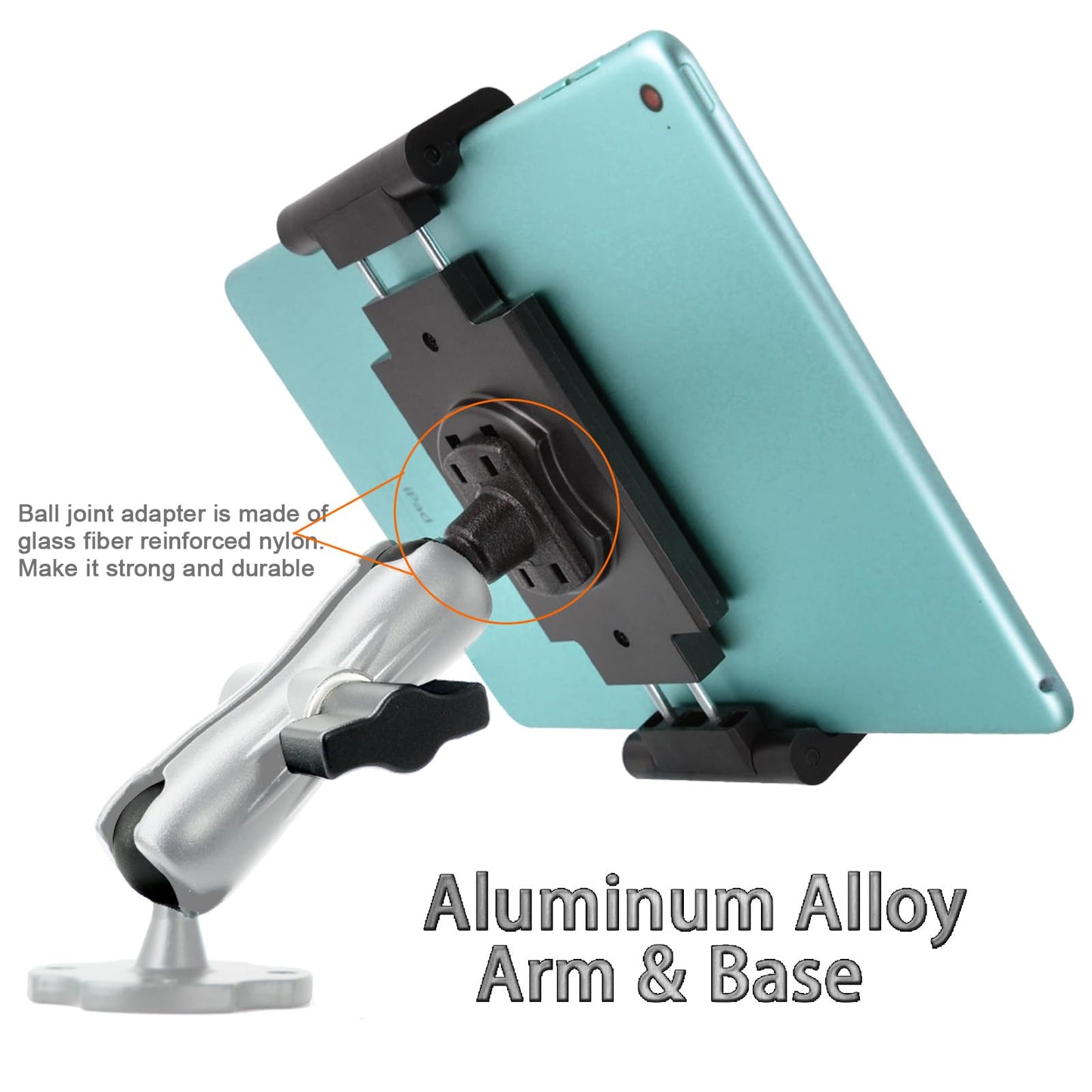 VAUBORTTI Aluminum Arm Heavy Duty Tablet Mount Drill Base - for 6.5"-12.9" Tablet iPad Pro/Mini, iPad Holder for Truck, Car,Dashboard,Desk,Wall-Swivel with 1 inch/25mm Ball Joint