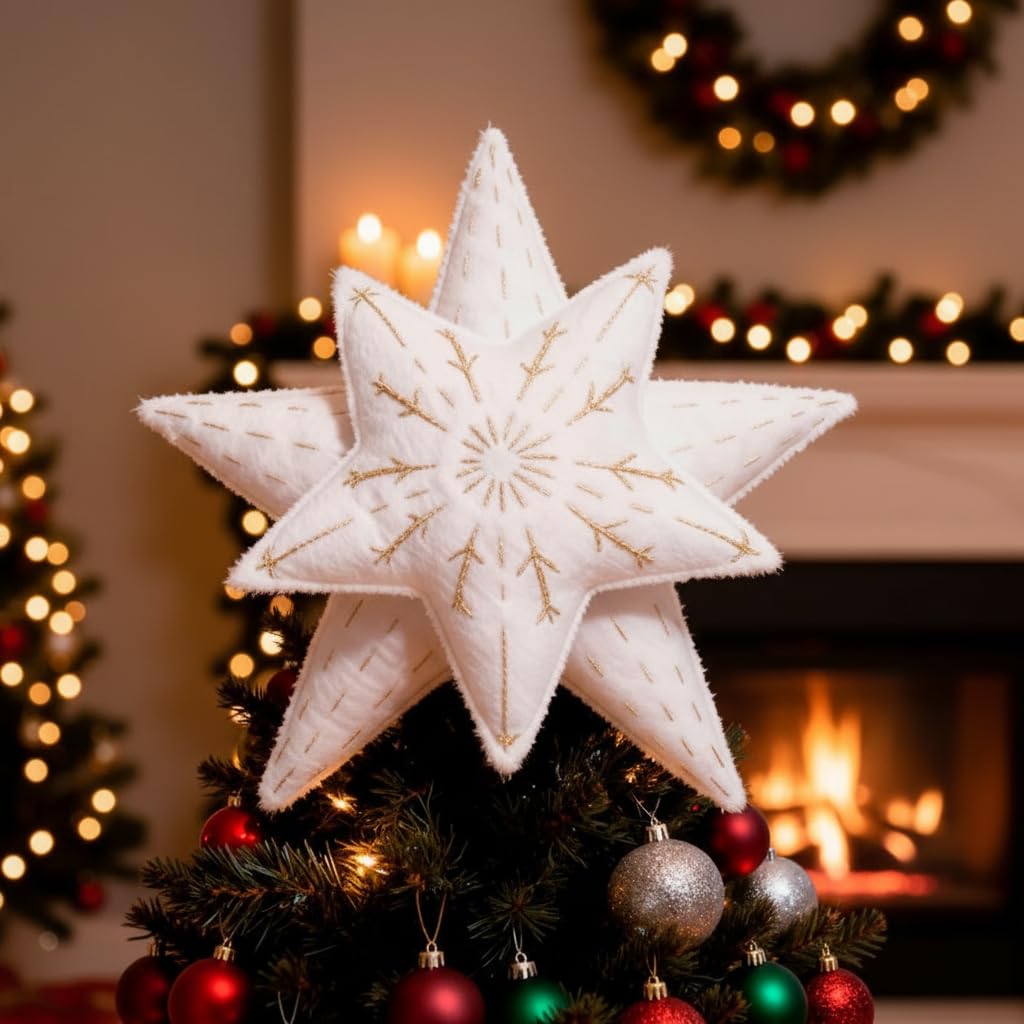 TORAKIP Felt Star Christmas Tree Topper 8.7" x 8.7" (22 x 22 cm) – Soft White Tree Top Star Decoration, Lightweight Scandinavian Farmhouse Holiday Decor, Cozy Felt Christmas Tree Topper