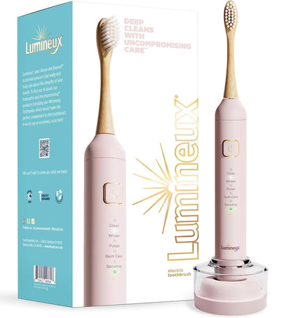 Lumineux Teeth Whitening Sonic Bamboo Electric Toothbrush for Adults - Includes 2 Soft Bristle Replaceable Bamboo Toothbrush Heads, Charging Station & USB Charge Cord - Rechargeable, Bloom Pink