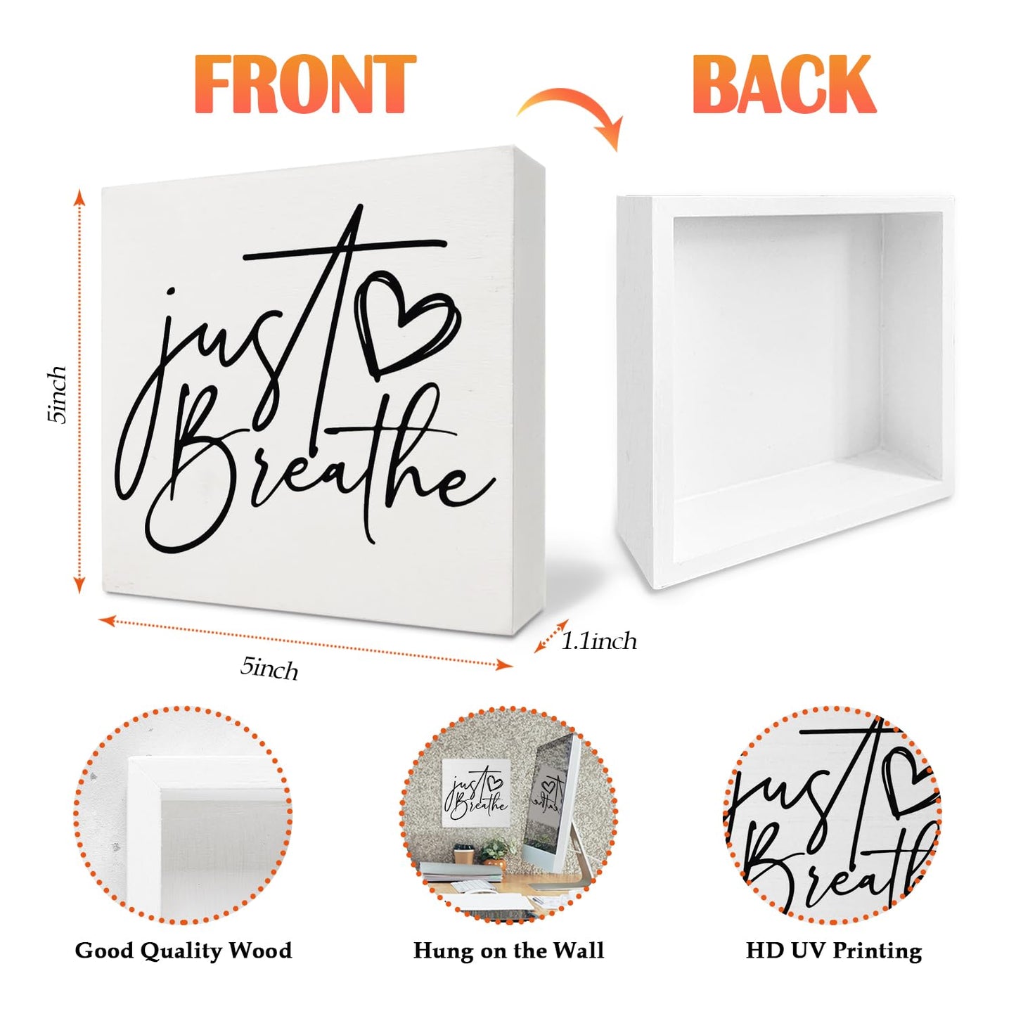 Nvotell Inspirational Desk Decor, Just Breathe Mental Health Wooden Box Sign, Motivational Positive Wood Block Plaque for Home Office Desk Shelf Tabletop Decor 5x5 Inch