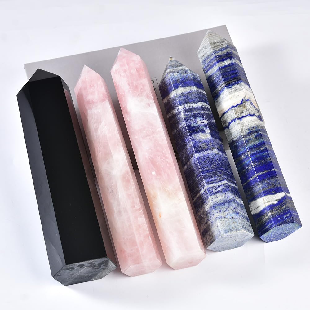 MOGEMT Large Rose Quartz Crystal Tower Natural Healing Crystal Point Wand Obelisk 6 Faceted Reiki Chakra Meditation Therapy Home Decor Gift 10-12 inch