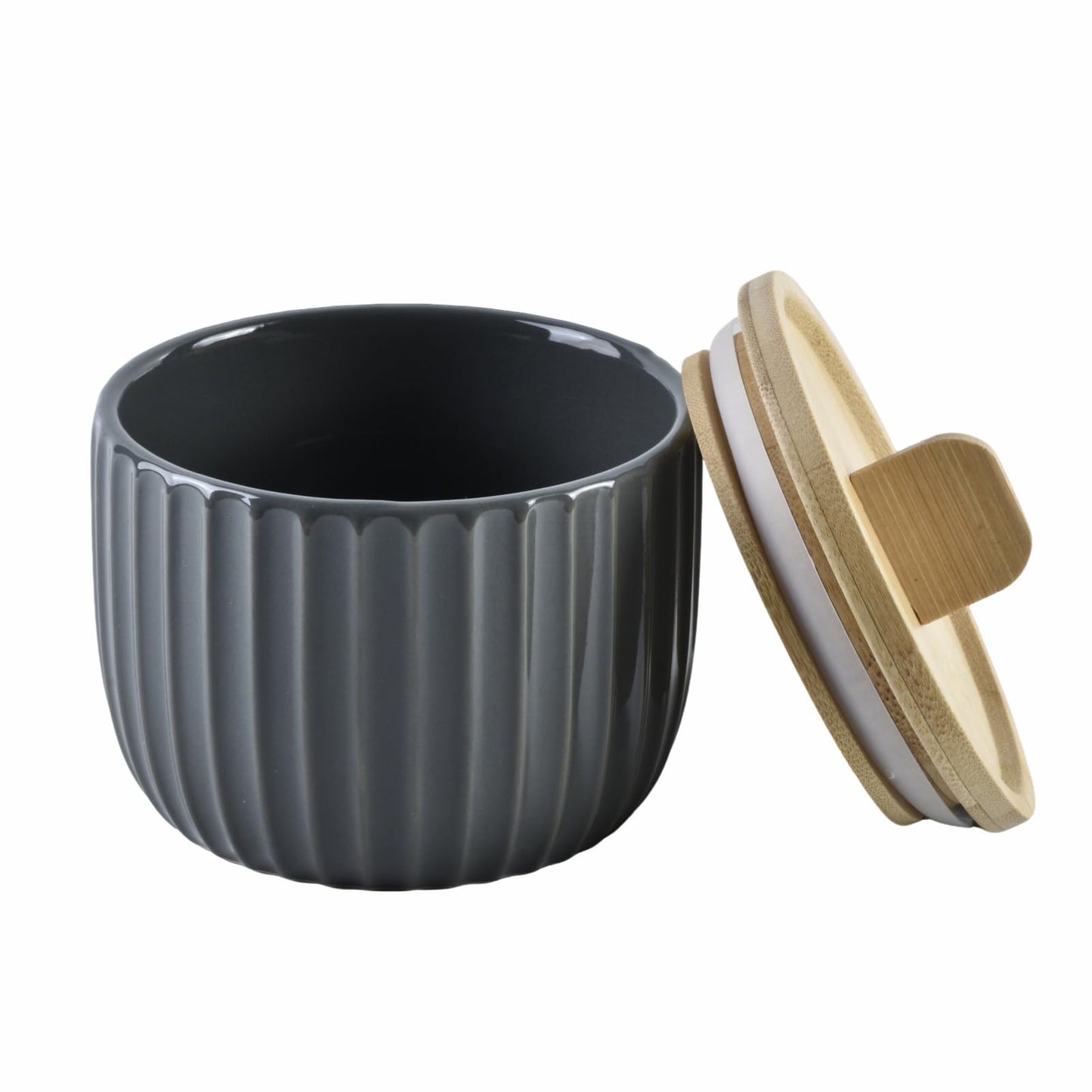 Lunavita Salt Cellar Keeper with Bamboo Lid, 14oz Big Capacity Ceramic Sugar Bowls Pepper Box, Crackle Glaze Seasoning Container Condiment Pot for Kitchen (Black Color)