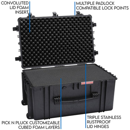 DCB Cases - Element 8505F | 34 x 22 x 17 Ext Dim | Waterproof | Pluck Foam Insert | Telescoping Handle | Rubberized Grips | Resin-Reinforced Injection Molded Plastic | 7 Latch Lid Close | Wheels