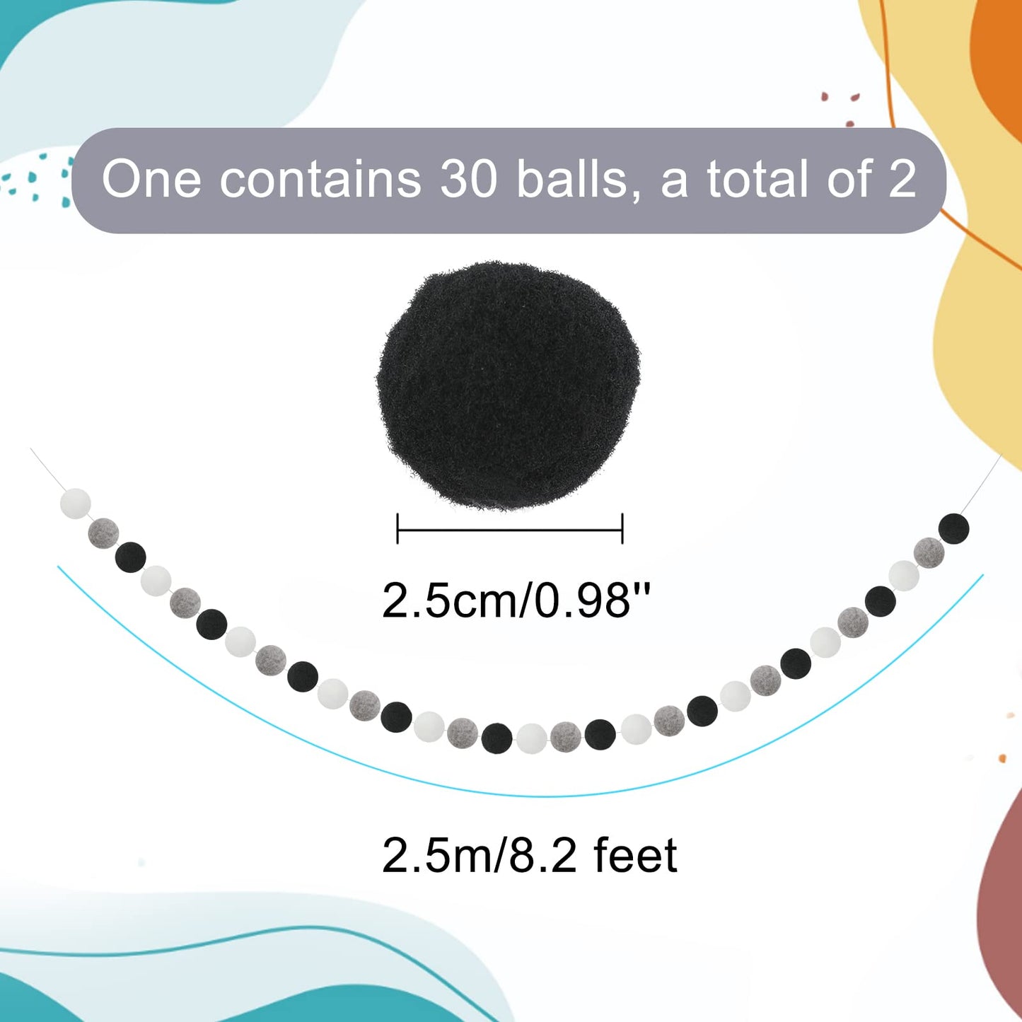 GCQQ 2 Packs Pom Pom Ball Garlands 16.4 Ft Pompom Garland Black White Grey Halloween 60 Felt Balls Garlands for Nursery, Christmas, Classroom, Bedroom, Photo Prop Decor