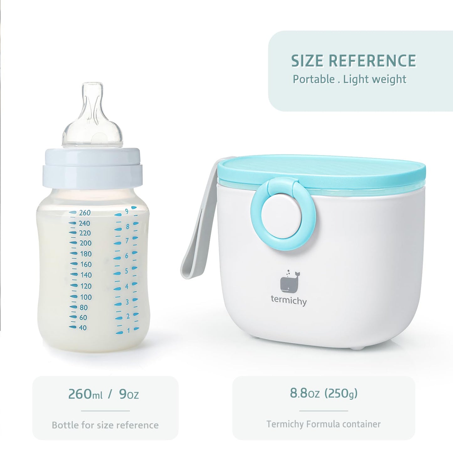 Termichy Baby Formula Dispenser, Portable Milk Powder Dispenser Container with Carry Handle and Scoop for Travel Outdoor Activities with Baby Infant, 8.8OZ, 0.55LB, 250g, 500ml (Baby Blue)