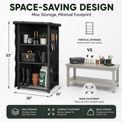 53 inch Multi-Purpose Outdoor Storage Organizer for Air Fryers, BBQ Tools and Gardening Gear – Heavy Duty Metal Utility Shelf with Adjustable Layers, Double Side Hooks and Compact Patio Design