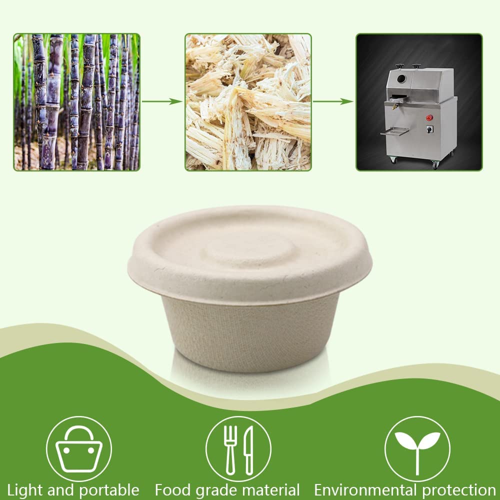 Vmiapxo 100 Sets 2oz Natural Bagasse Fiber Condiment Cups with Lids, Compostable Sauce Condiment Containers Disposable Paper Dishes Serving Sample Cups for Snack Tasting Charcuterie
