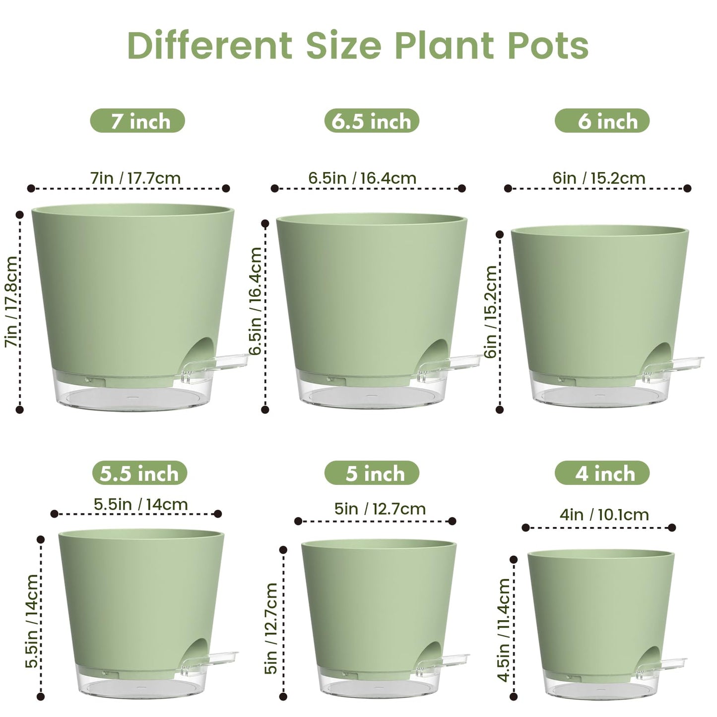 Meowell Self Watering Pots Pack of 6 – Different Size 4" to 7" Indoor Plant Pots with Drainage Holes and Clear Reservoir for Visible Water Level, Plastic Wicking Planters for House Plants, Green