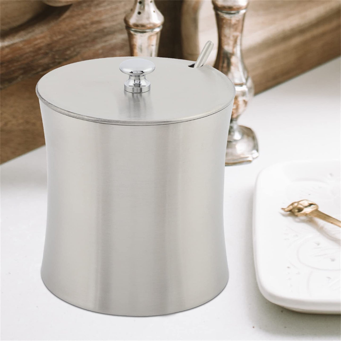 Oumefar Sugar Bowl Stainless Steel Jar Salt Pot Condiment Pot with Lid and Serving Spoons Kitchen Seasoning Container for Home Kitchen Restaurant