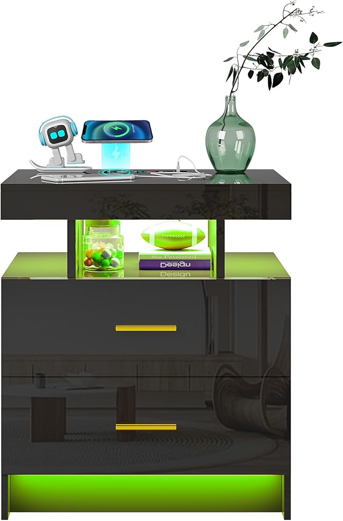 WOOVIVS Night Stand Set 2 with USB/Type-C/Wireless Charging Station, Blakc