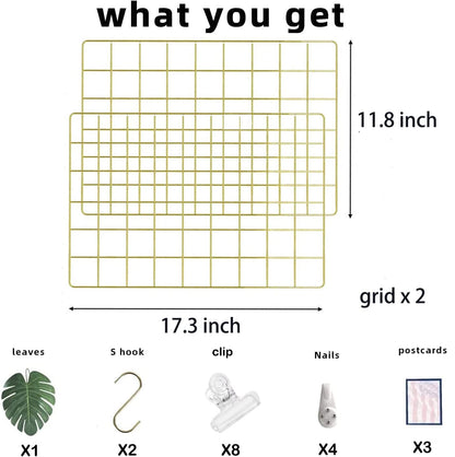 BULYZER Grid Wire Board,for Memo Picture Panel Wall Decoration for Room Office Mat Photo Hanging Art Display Frames Desk Storage Organizer,17.3" x 11.8"(2Pack) (Gold)