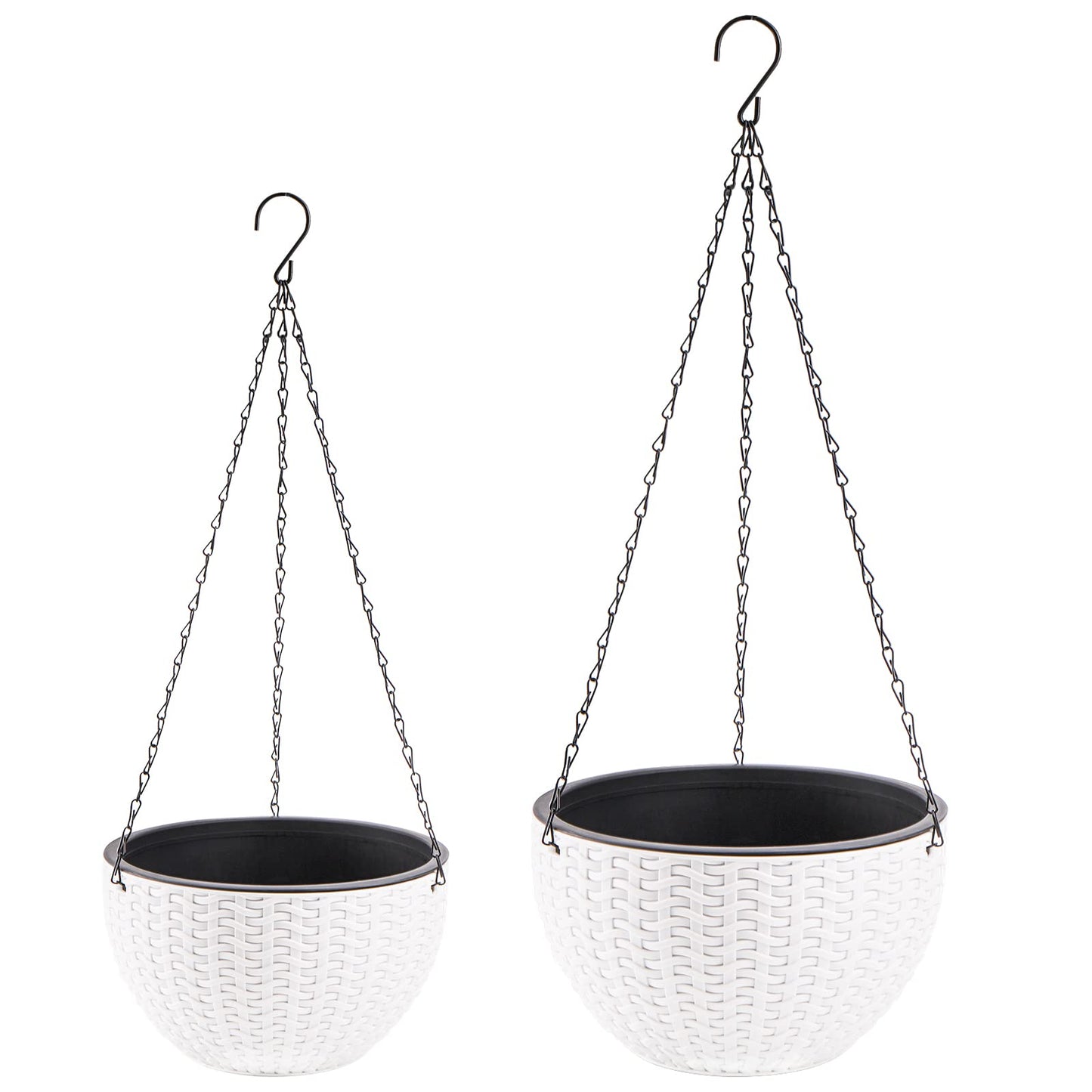 Foraineam 2-Pack Dual-pots Design Hanging Basket Planters Self-Watering Indoor Outdoor Plant & Flower Hanging Pots with Drainer and Chain, 2 Size Assorted (White)