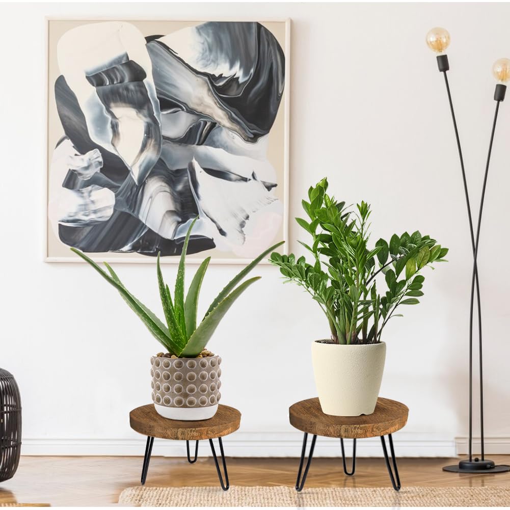 Plant Stand Indoor Outdoor, Wooden plant Stool, Mid Century Plant Stand for Indoor Plants, Wood Modern Plant Holder Rattan Flower, Low Short Boho Rustic Planter Stand Fit 5-15 Inch Pot(M, L)