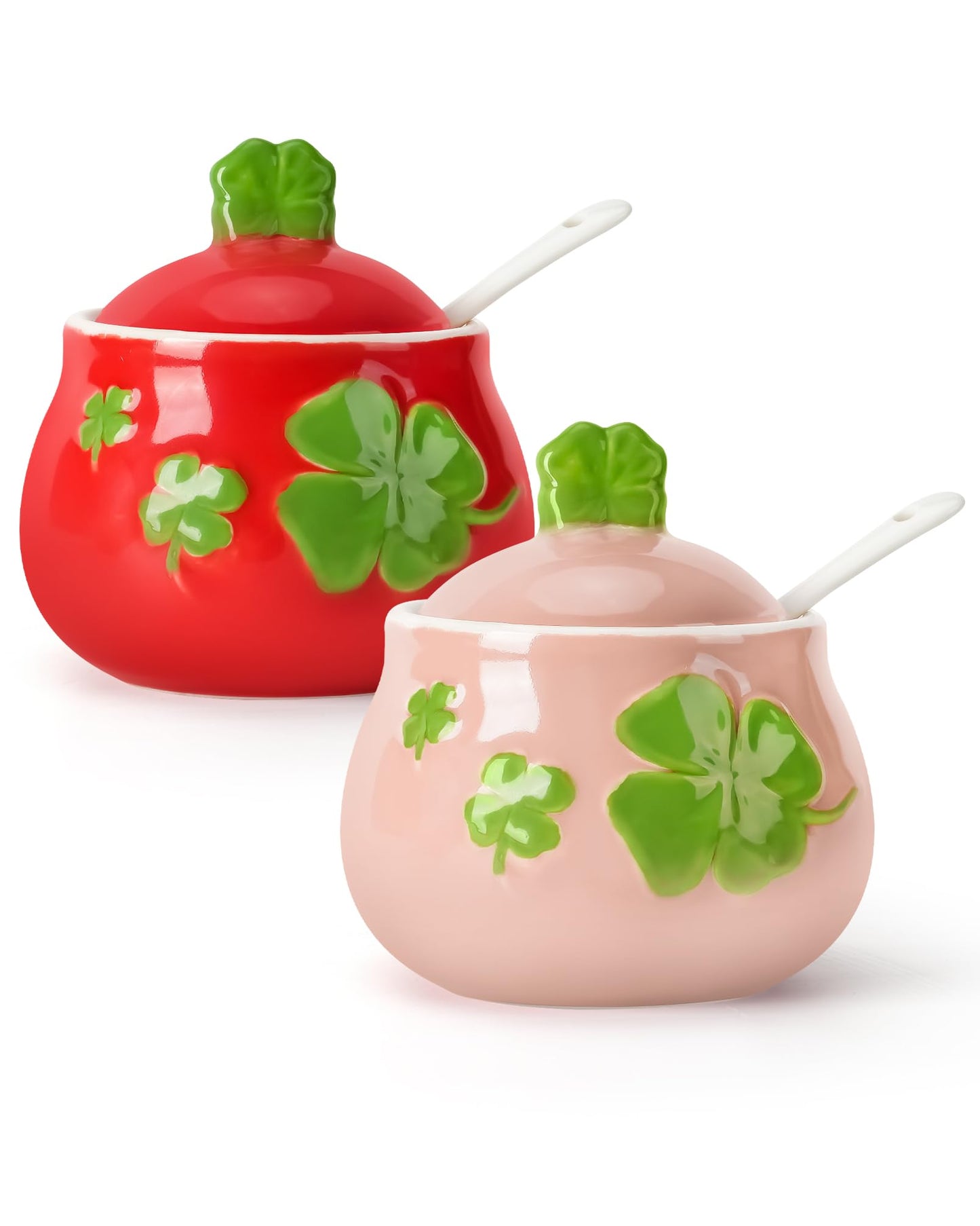 bwszrosa Ceramic Sugar Bowl Set of 2, Four-Leaf Clover Print Sugar and Salt Container with Lid and Spoon, Pink Red Decorative Spice Jar for Kitchen/Tea Time, Dishwasher Safe