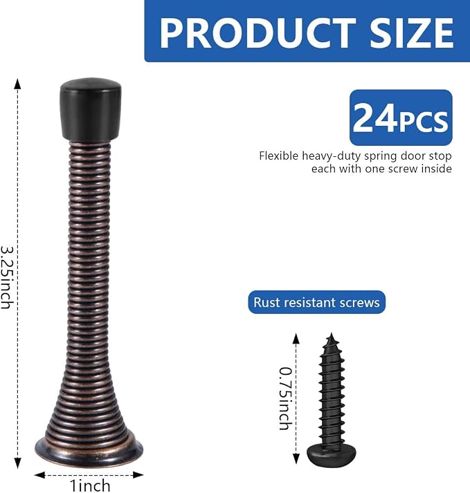KISEER 24 Pack Spring Door Stops 3 1/4 Inch Flexible Heavy Duty Spring Door Stopper with RustProof Screw Rubber Bumper Tips (Antique Brass)