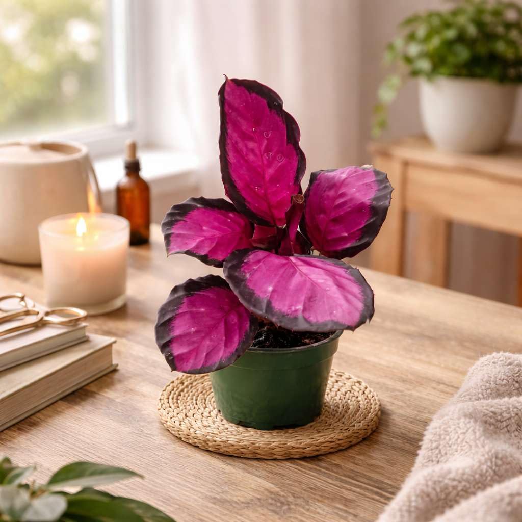 Calathea Purple Rose Live Plant for Indoor | Different Houseplants in 4'' & 6'' Pot | Real House Plant for Living Room, Office, Desk & Bathroom | Geoppertia Roseopicta