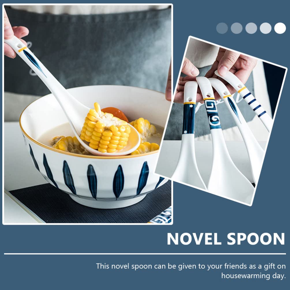 Hemoton Ceramic Soup Spoons with Long Handle 9.05 Inch Set of 2 for Rice Porridge Serving Kitchen Household