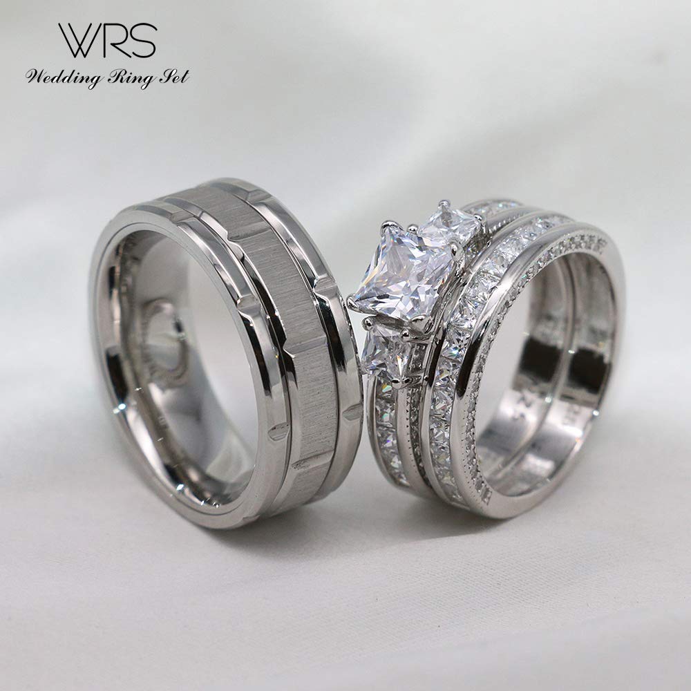 His Hers Wedding Ring Sets Couples Matching Rings Women's 10k White Gold Filled Heart CZ Wedding Engagement Ring Bridal Sets & Men's Tungsten Carbide Wedding Band