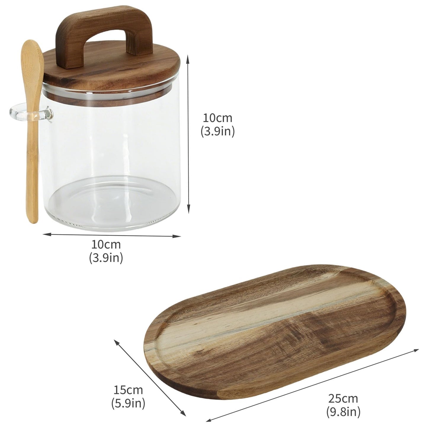 Lolytama Sugar Bowl Set,Airtight Glass Sugar Jar with Wooden Lids,Sugar Container Side Spoons and Serving Tray,Round Coffee Bar Accessories for Tea Station,Countertop, Pantry Shelf,2 Pack