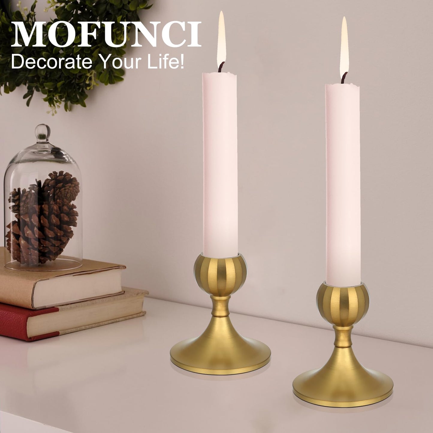 Mofunci Candlestick Holders Taper Candle Holders, Gold Candle Stick Holders Decor for Wedding Christmas Birthday Party Holiday, Short Candle Holders for Table Centerpieces Home Decor, Set of 2