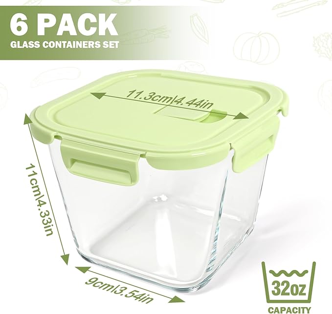 Glass Soup Containers with Lids 32 oz, 4 Cup Glass Storage Containers, Tall