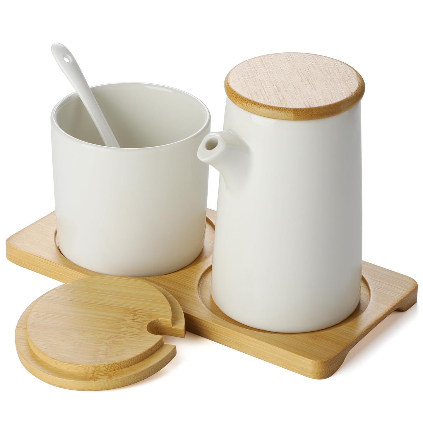 Ceramic Sugar and Creamer Set, 8oz Cream Bottle and Sugar Jars with Wooden Tray for Home Kitchen Coffee Bar