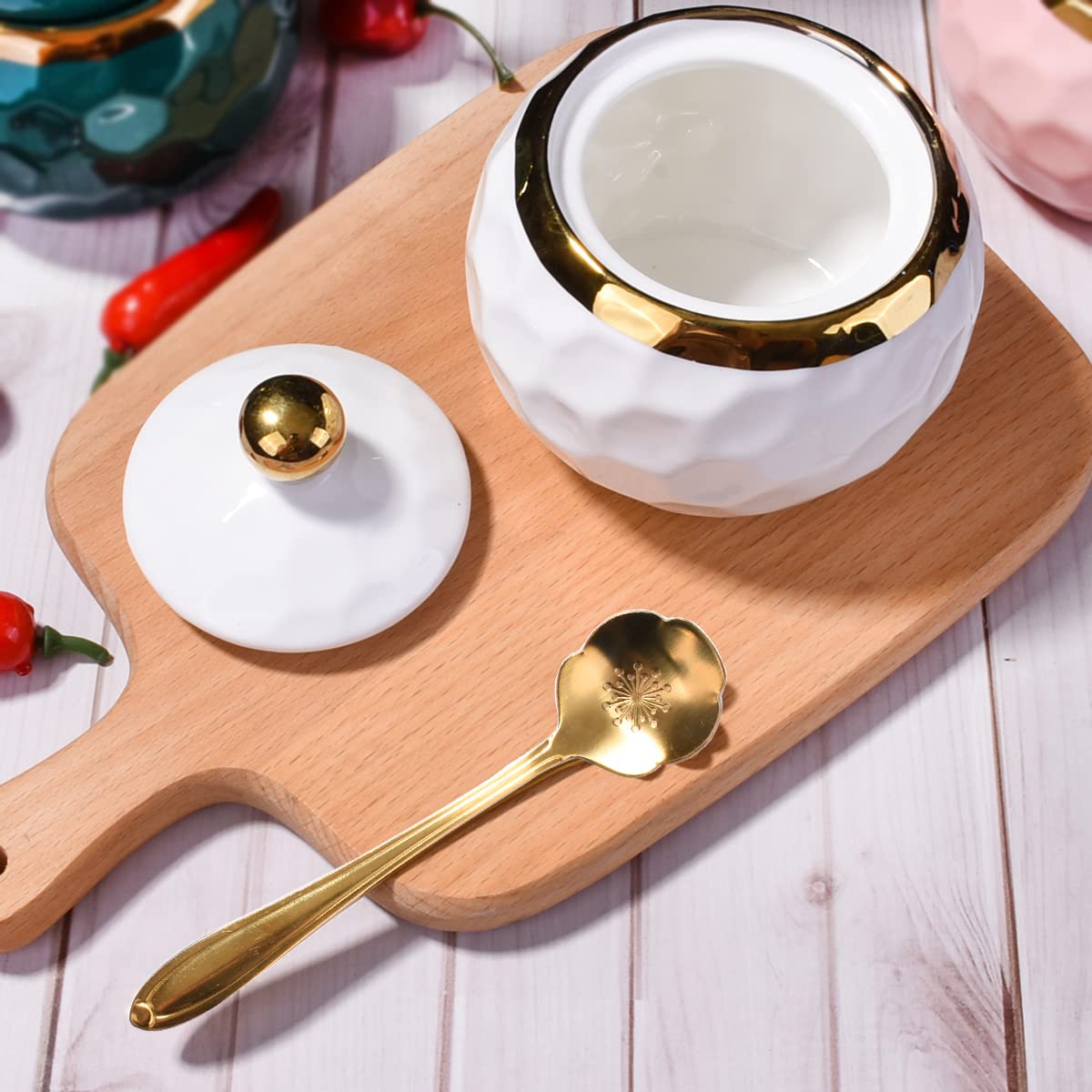 BOSILI 2-Piece Ceramic Sugar Bowl Set with Spoon and Lid, Hammered Condiment Jars for Countertop, Decorative Porcelain Salt and Spice Container Bundle For Sugar, Salt, Spices