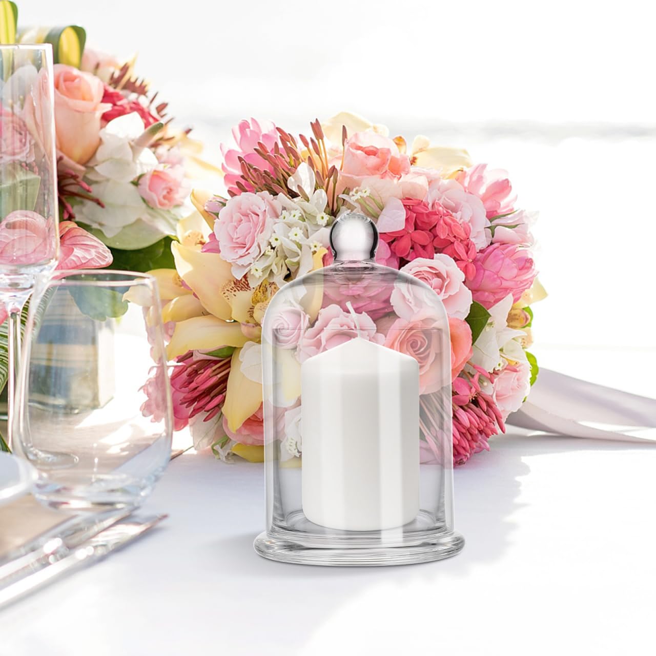 Garneck 2 Sets Glass Cloche Candle Holder Bell Jar: Clear Dome Cover Transparent Candle Cup Display Case for Wedding Centerpiece Bar Cafe Home Table Decor Mini Plant Ornament