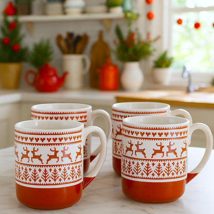 10 Strawberry Street Embossed Reindeer Ceramic Mug, Set of 4 (Red), S4MUG-XMAS