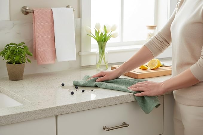 Sage White Light Pink Kitchen Hand Dish Towels: Oversized 28" x 18", 100%