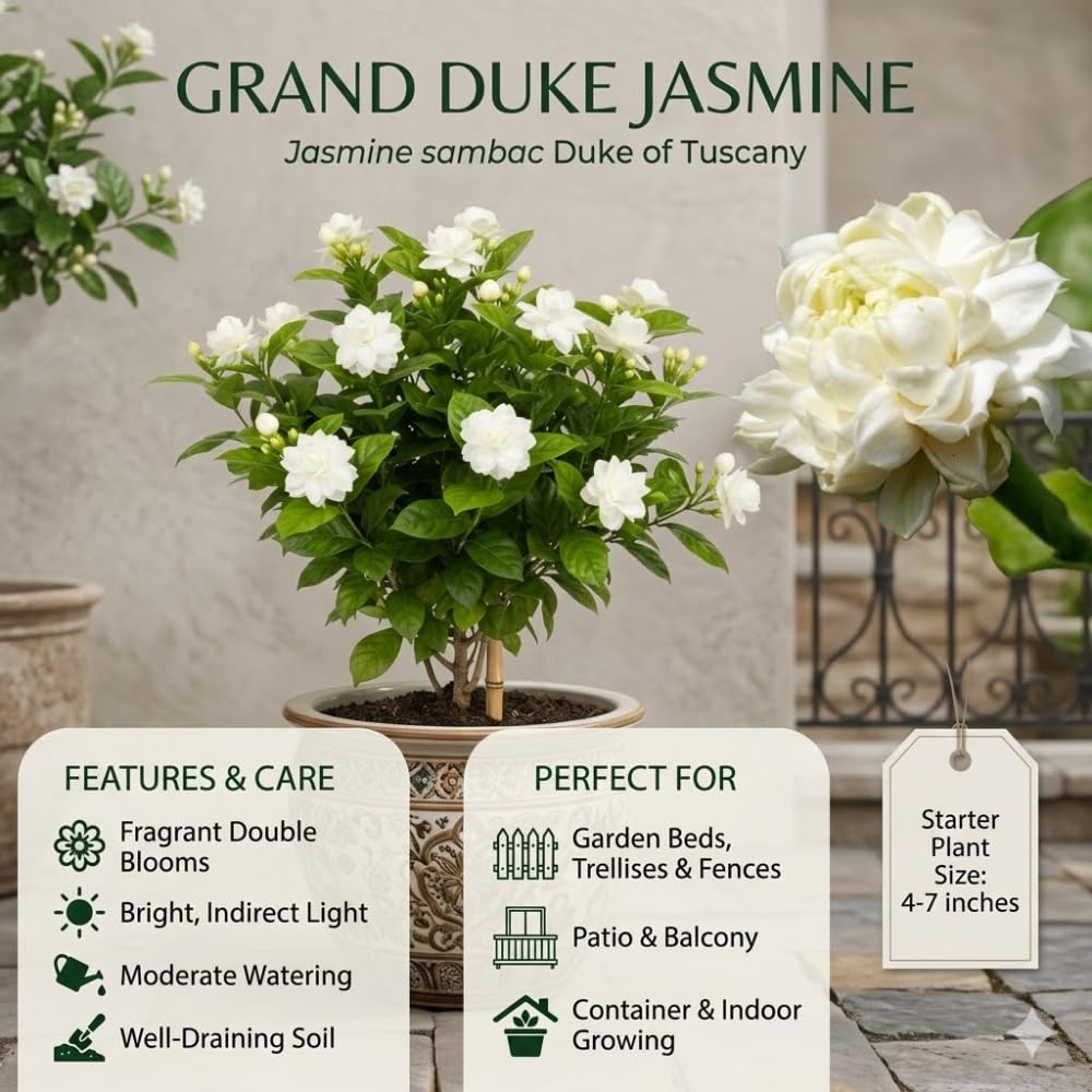 Grand Duke Jasmine Plant Live, Jasminum Sambac, 5–8 Inch Tall, Fragrant Arabian Jasmine, Well-Rooted Starter Plant, Indoor Outdoor Flowering Plant, Easy Care