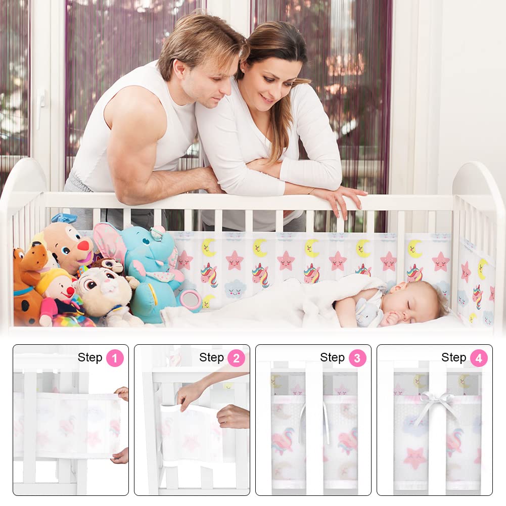 Vicloon Cot Bumper, 2Pcs Breathable Mesh Cot Liner, Crib Rail Cover Baby Crib Bumper, Baby Boys Girls Nursery Breathable Crib Bed Liner Bumper (Unicorn）