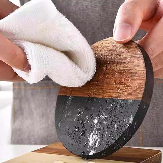 I-LAN 4-Pack Black Marble and Acacia Wood Coasters, 4-Inch Round Modern Drink