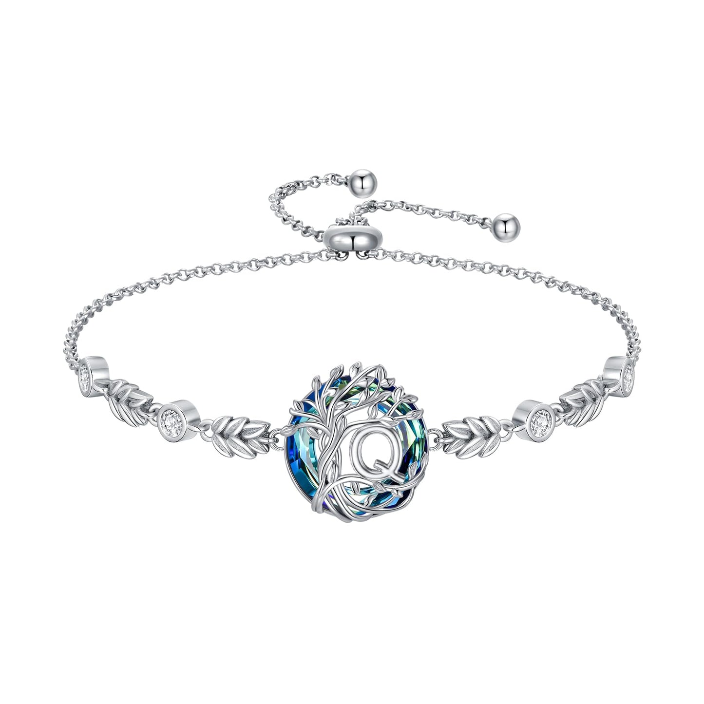 TOUPOP Tree of Life Initial Bracelet Sterling Silver Initials Q Letter Link Bracelets Blue Circle Crystal Family Tree Birthday Mothers Day Jewelry Gifts for Women Mom Wife