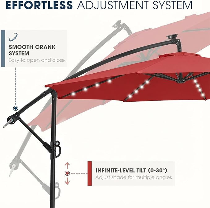 wikiwiki 10ft Solar LED Patio Umbrella with Base Included, Offset Umbrella with Weighted Sandbag Base, Cantilever Patio Umbrellas for Backyard, Garden & Deck, 32 LED Lights & Polyester Shade, Red