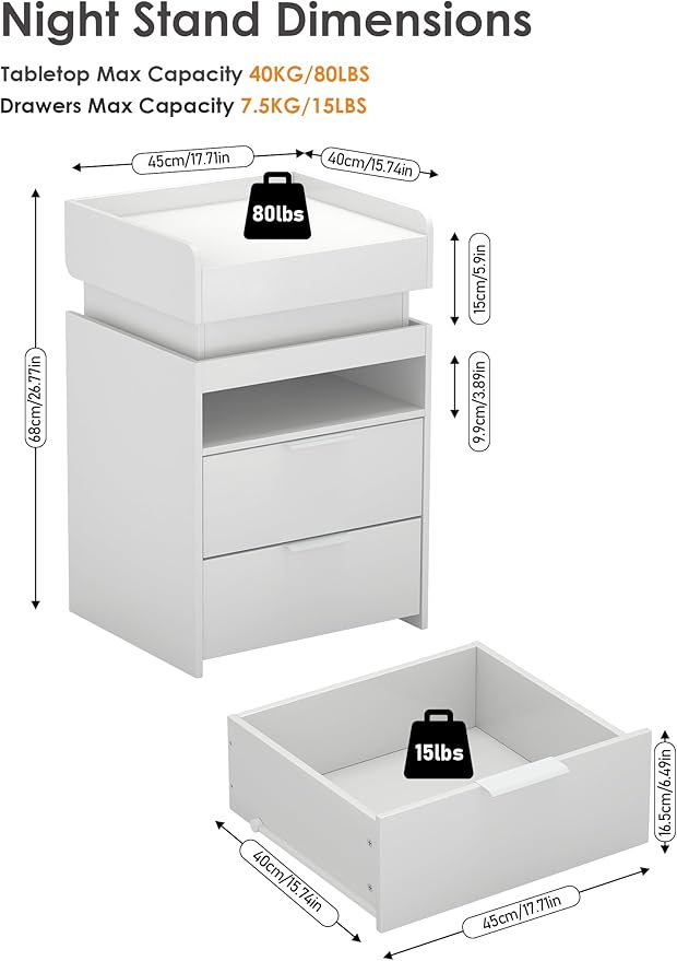 Turosur LED Night Stand with Gun Drawer, Smart Nightstand with Hidden Charging
