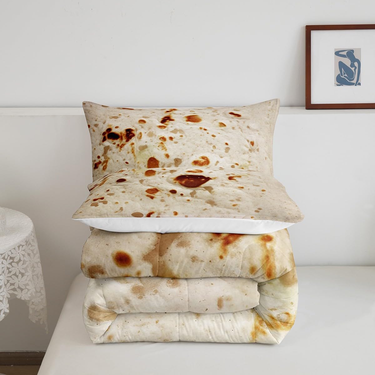 Feelyou Burritos Tortilla Bedding Set for Adult and Kids Ultra Soft Giant Funny Realistic Food Comforter Set Set Breathable Novelty Soft Flannel Taco Comforter Twin Size Quilted