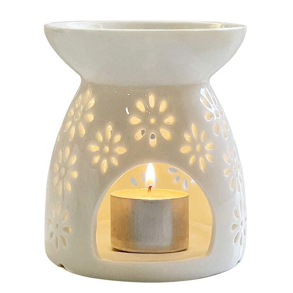 Ceramic Tea Light Holder, Aromatherapy Oil Burner, Wax Warmer, Tealight Holder with White Floral Pattern for Valentine's Day Gift