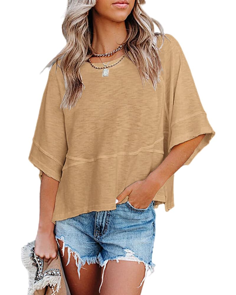 Sovelen Women's Summer Casual Crewneck Batwing Half Sleeve T-Shirts Loose Fit Basic Tee Tops Khaki